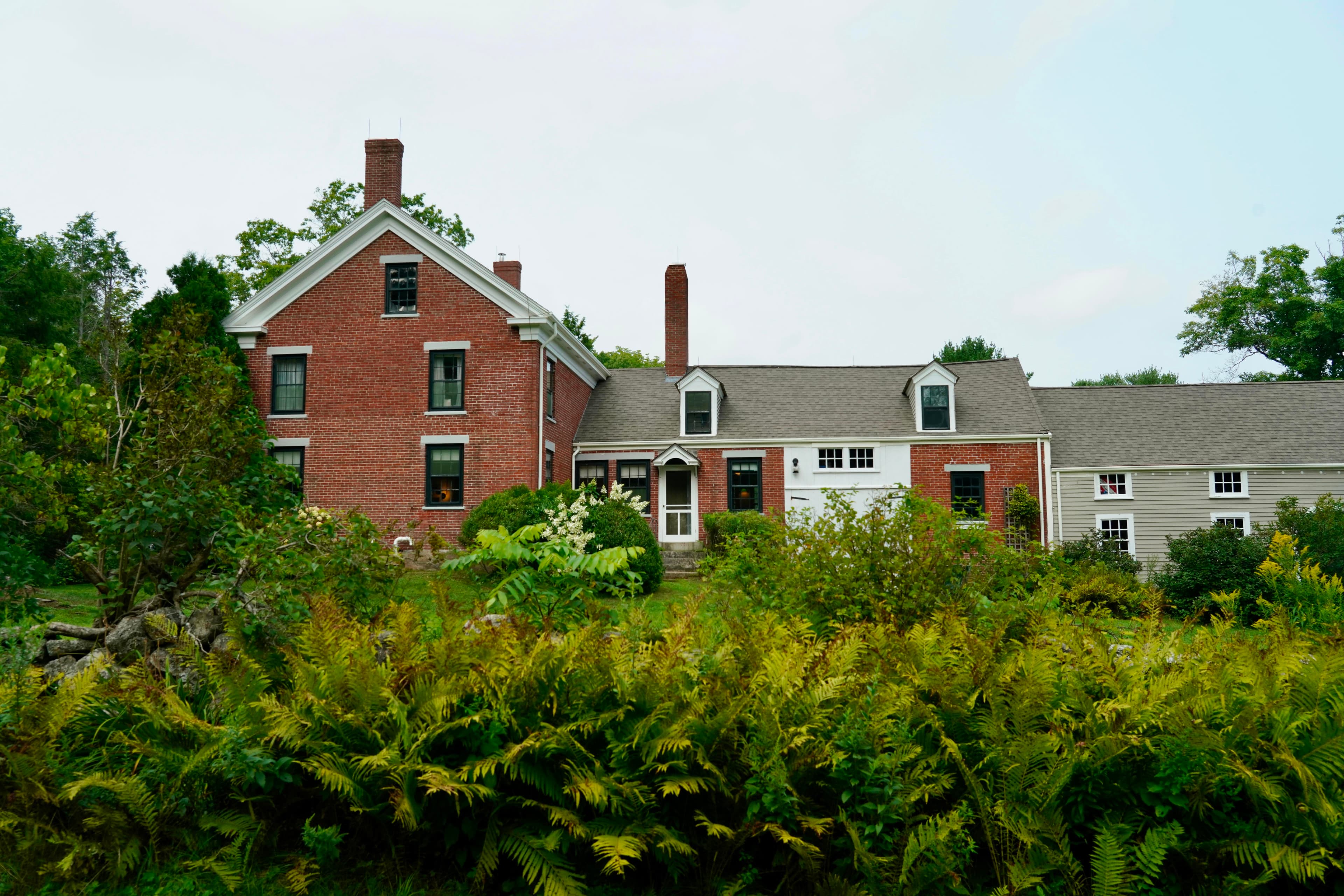 A two-story red brick home stands just beyond a row of green ferns.
