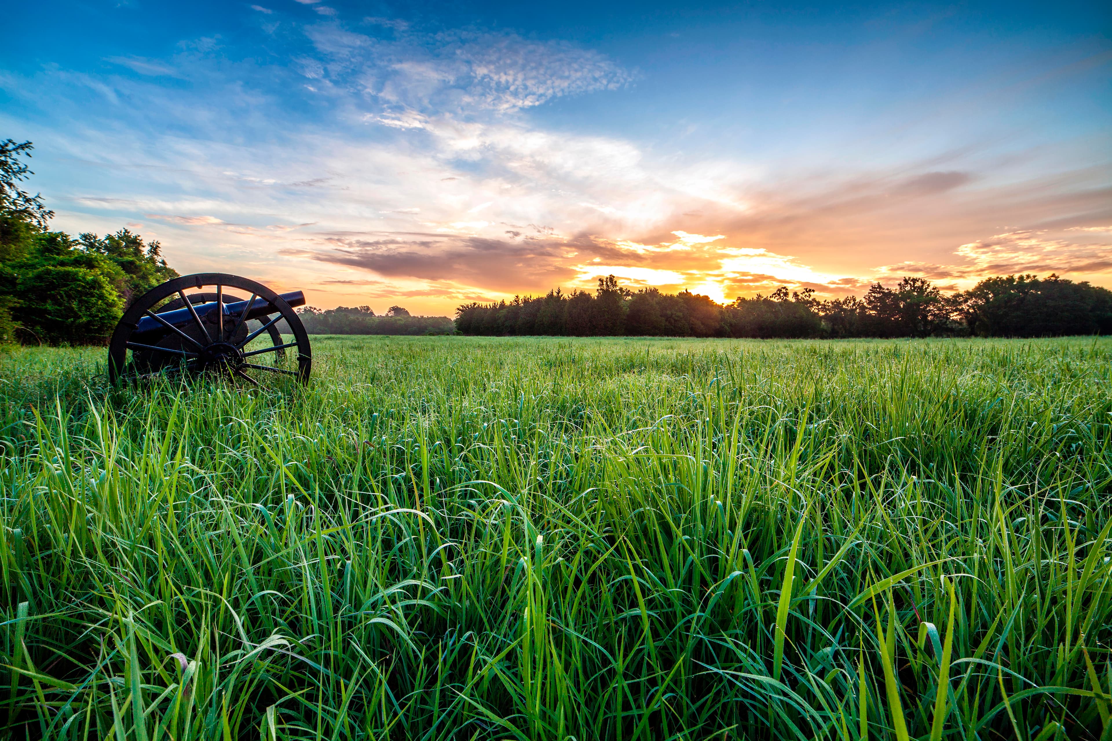 The sun rises behind a green field with a cannon in the foreground.